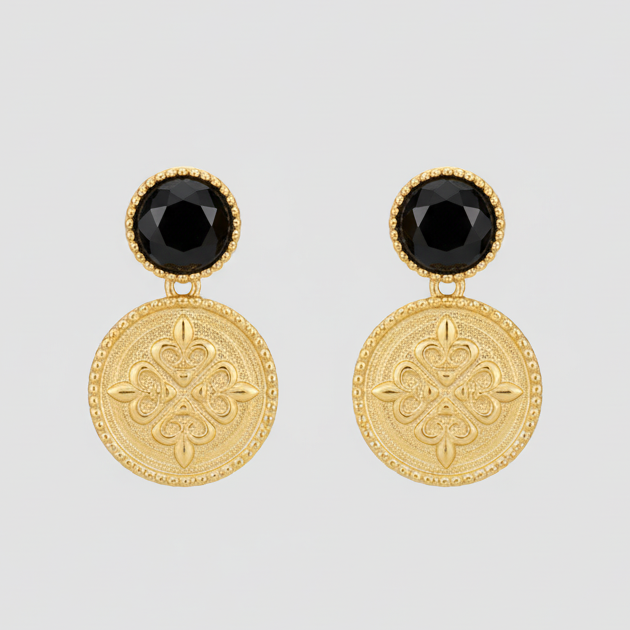 Jolene Onyx Stone and Coin Earrings