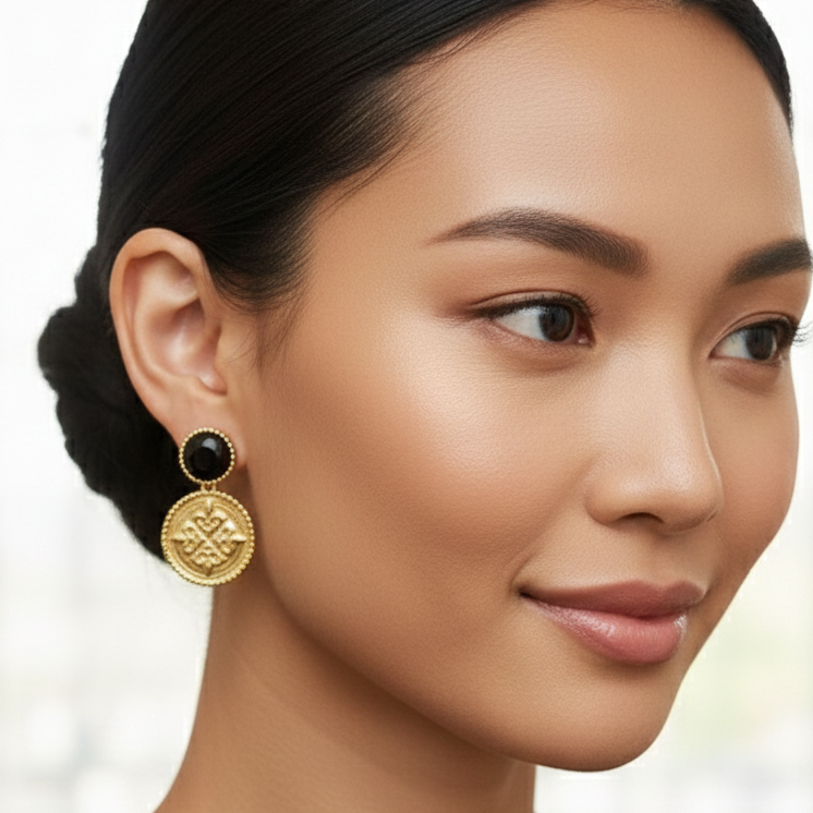 Jolene Onyx Stone and Coin Earrings