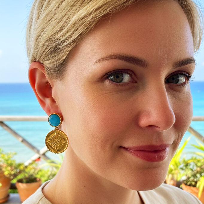 Jolene Caribbean Blue Stone and Coin Earrings
