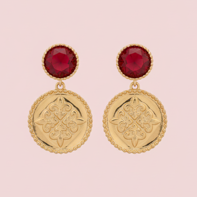 Jolene Garnet Stone and Coin Earrings