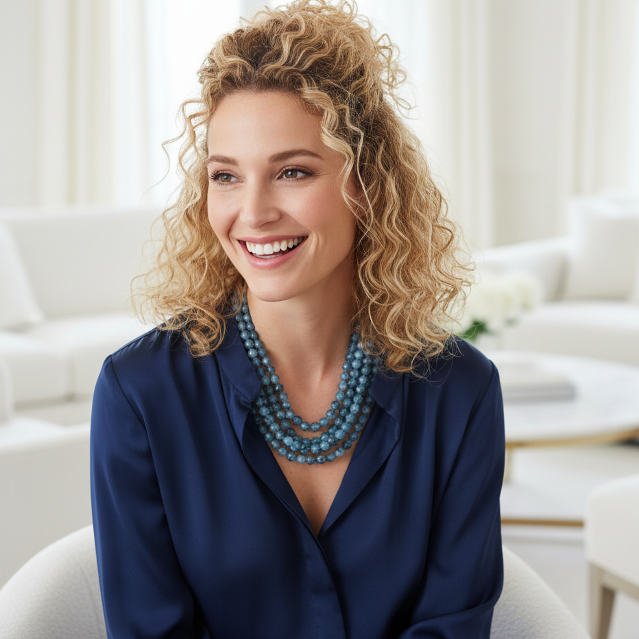 Juliette Marbled Faceted Ball Beaded Multi Layered Magnetic Necklace in Light Blue