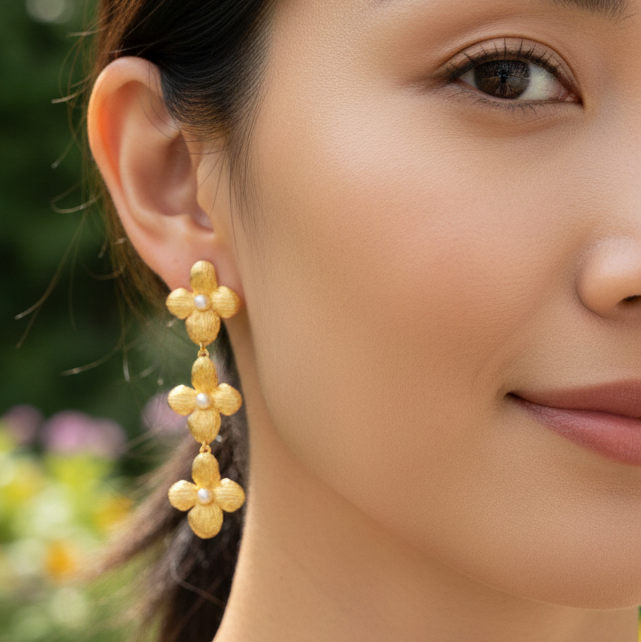 Kara Triple Magnolia Dangle Earrings (Pierced)