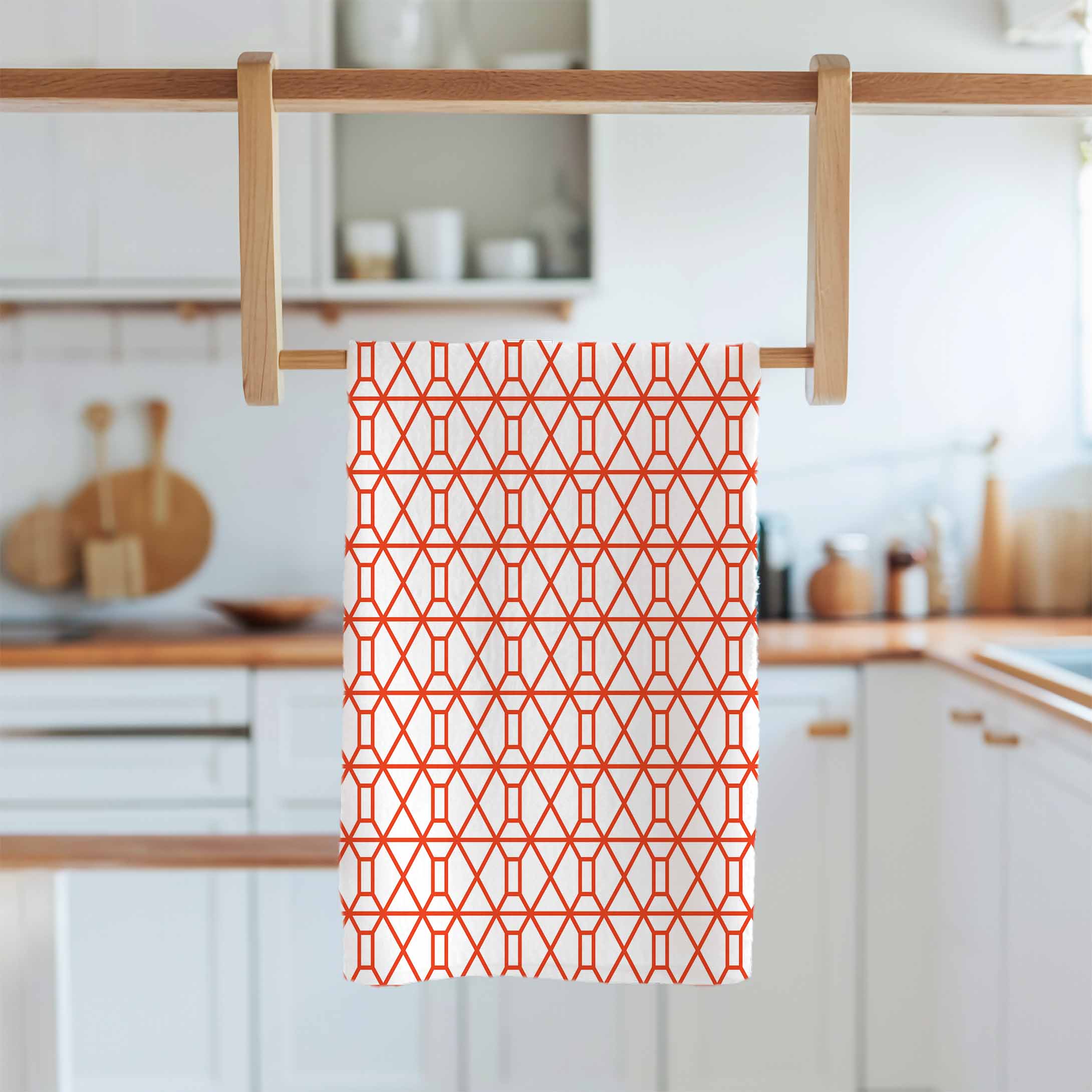 Designer Tea Towel in Victorian Fence Deep Coral and White