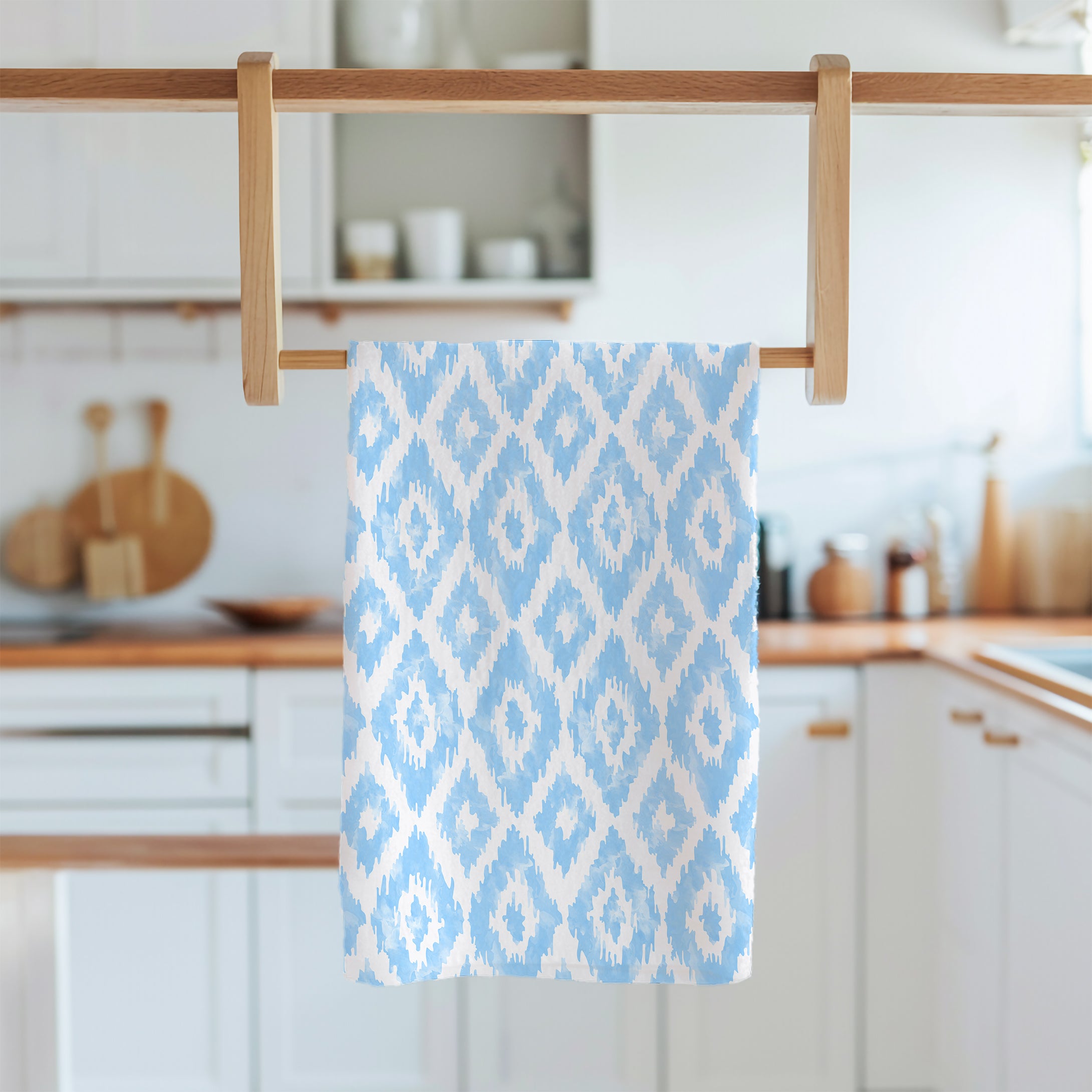Designer Tea Towel in Watercolor Ikat Diamonds Light Blue