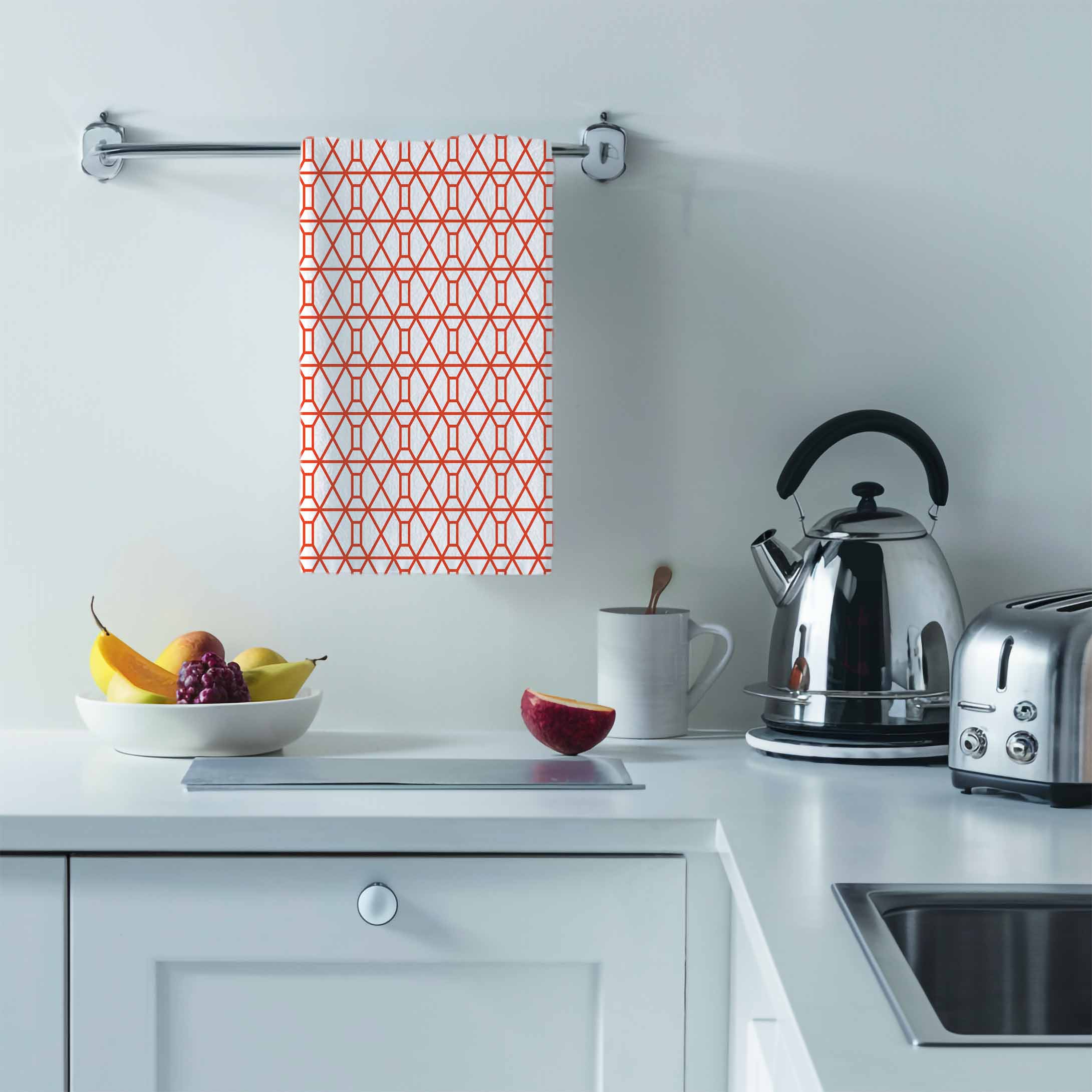 Designer Tea Towel in Victorian Fence Deep Coral and White