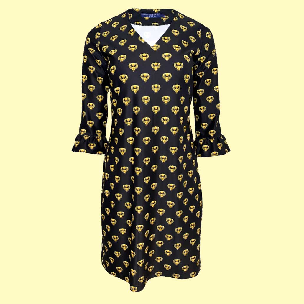 Malibu Dress in Egyptian Scarabs Black Gold SAMPLE