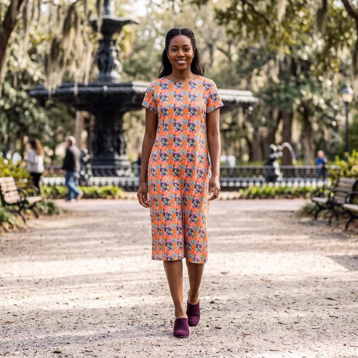 Mackinac Island Midi Length Tee Shirt Dress in Ditsy Monet Medley Aubergine