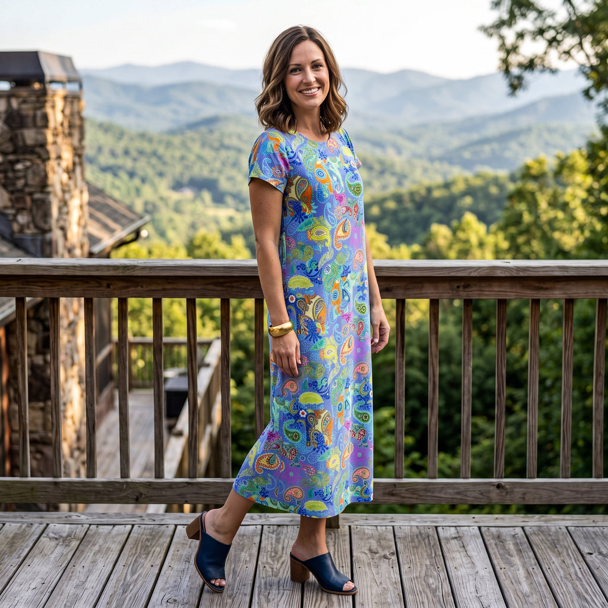 Mackinac Island Midi Length Tee Shirt Dress in Paisley Pachyderms Periwinkle
