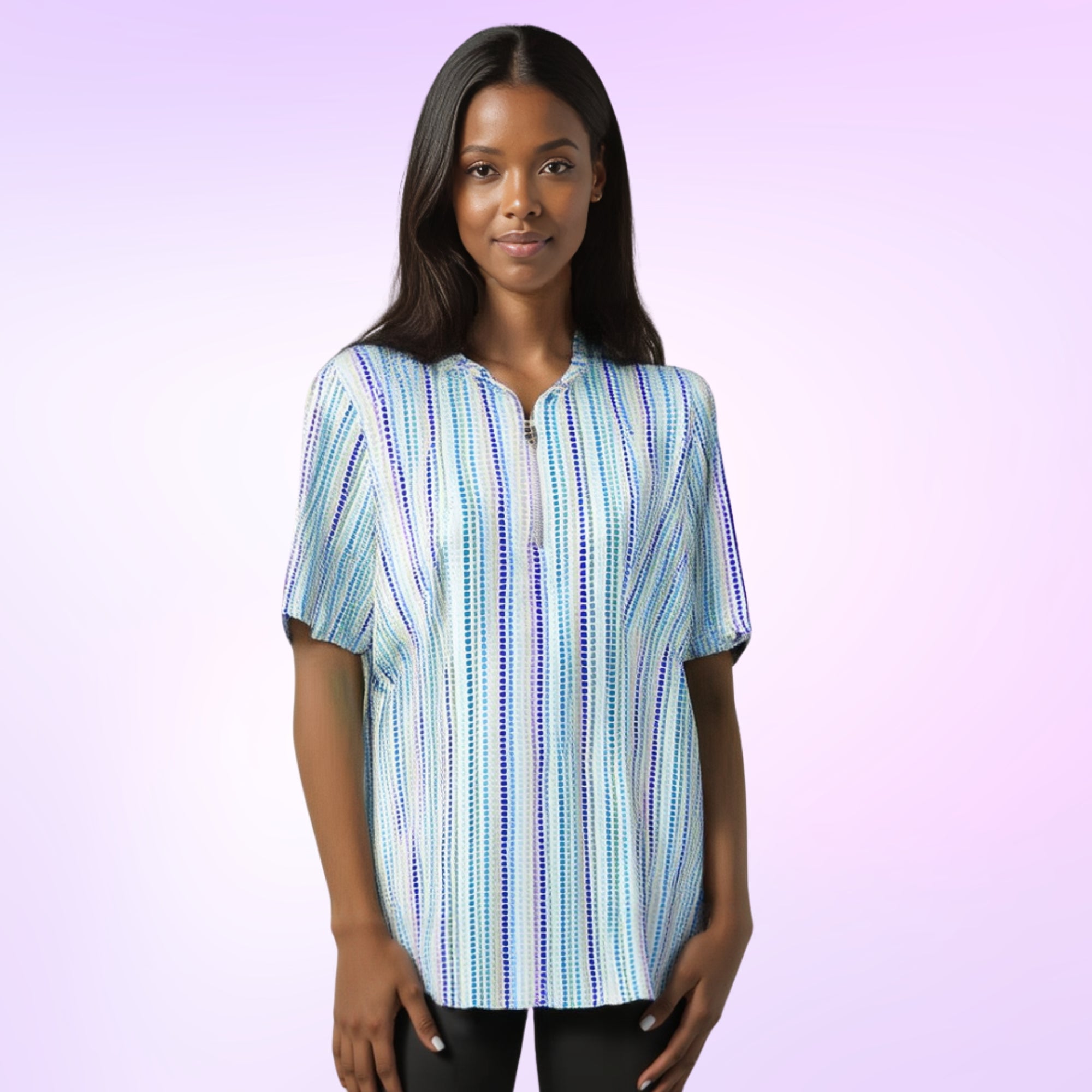 Bayside Short Sleeve Zip Neck Top in Candy Dots Blue