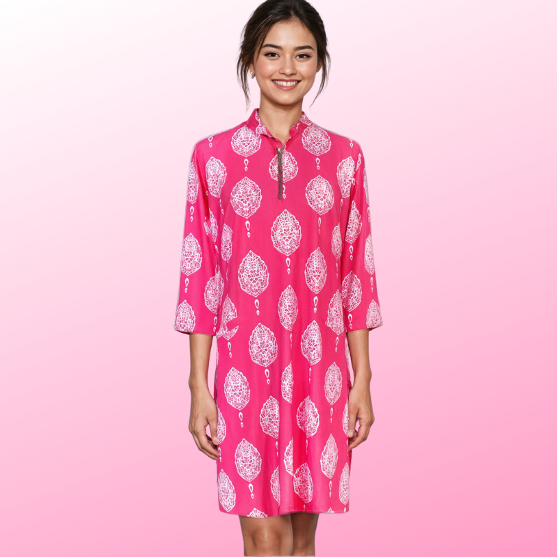 Doral Dress in Taj Mahal Block Print Pink and White