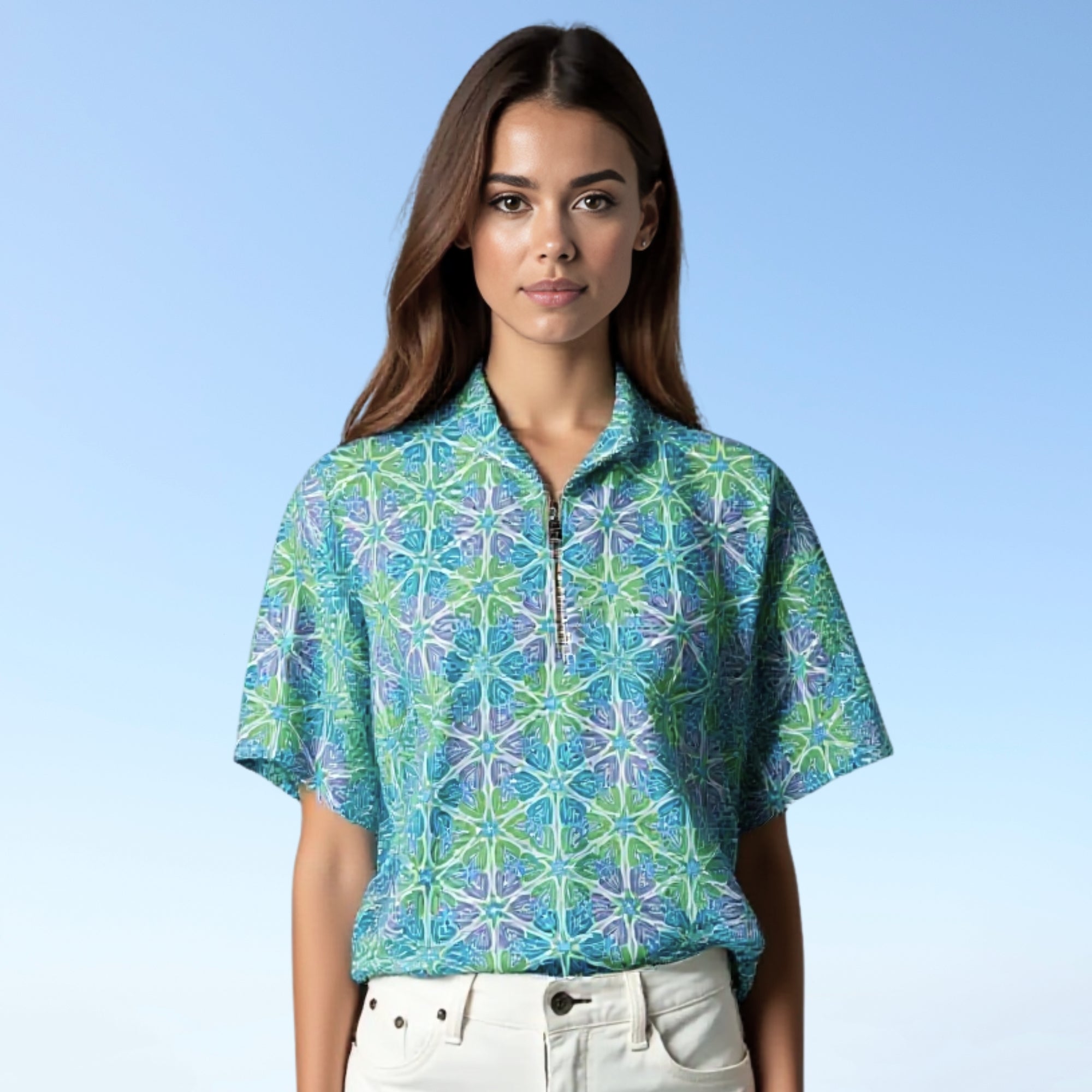 Bayside Short Sleeve Zip Neck Top in Flower Burst Blue