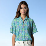 Bayside Short Sleeve Zip Neck Top in Flower Burst Blue