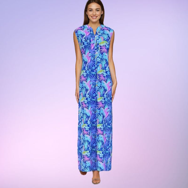 Worth Avenue Maxi Tunic Dress in Parrotheads At Play Cobalt