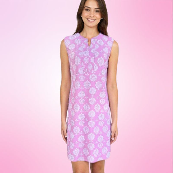 Hampton Sleeveless Tunic Dress in Hadley's Block Print Pink and White
