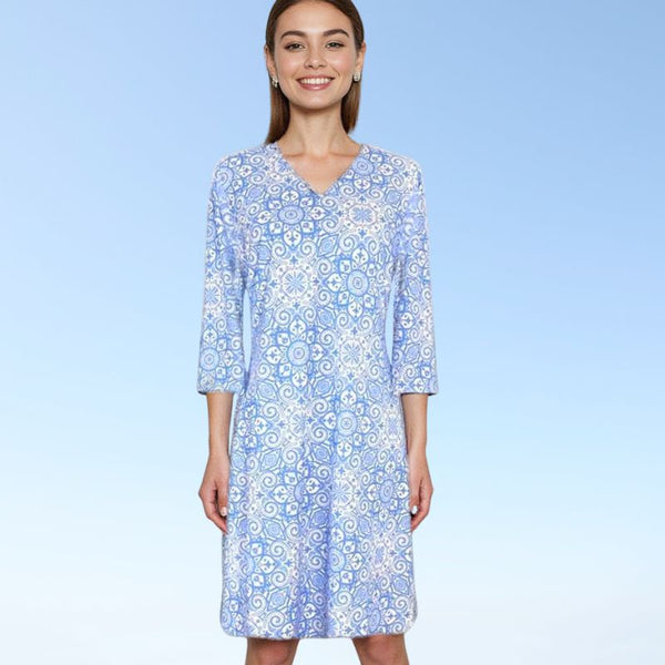 Brisbane V-Neck Dress in Marrakesh Express Blue and White