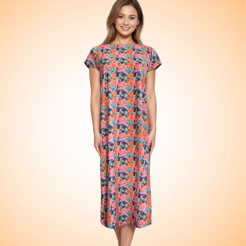 Mackinac Island Midi Length Tee Shirt Dress in Ditsy Monet Medley Aubergine