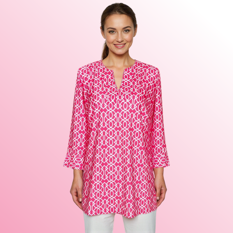 Boca Tunic Top in Imperial Trellis Petal Pink White