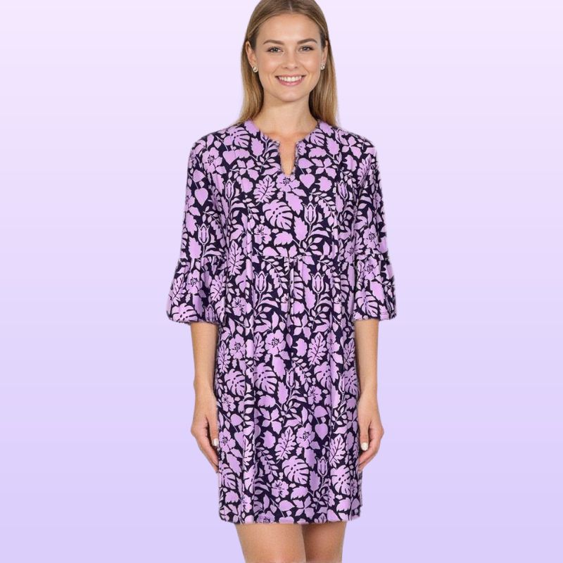 Greenwich Tunic Dress in Tossed Leaves Lavender and Aubergine