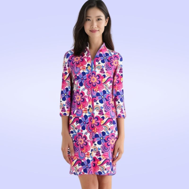 Doral 3/4 Sleeve Polo Dress in Day Tripper Pink and Creamsicle