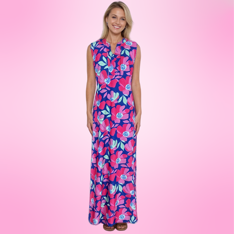 Worth Avenue Maxi Tunic Dress in Sugar Magnolia Cobalt