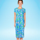 Mackinac Island Midi Length Tee Shirt Dress in Under The Sea Blue/Coral