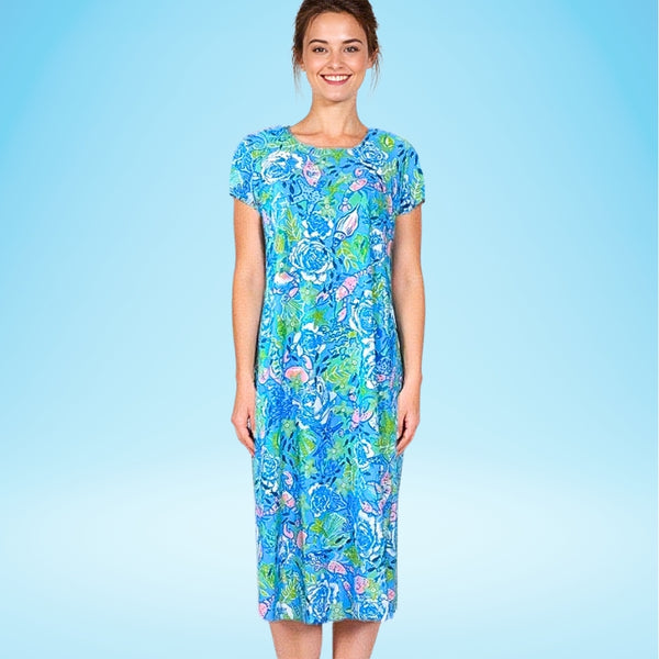 Mackinac Island Midi Length Tee Shirt Dress in Under The Sea Blue/Coral