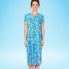 Mackinac Island Midi Length Tee Shirt Dress in Under The Sea Blue/Coral