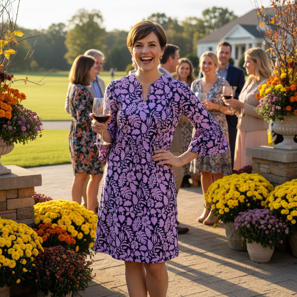 Greenwich Tunic Dress in Tossed Leaves Lavender and Aubergine