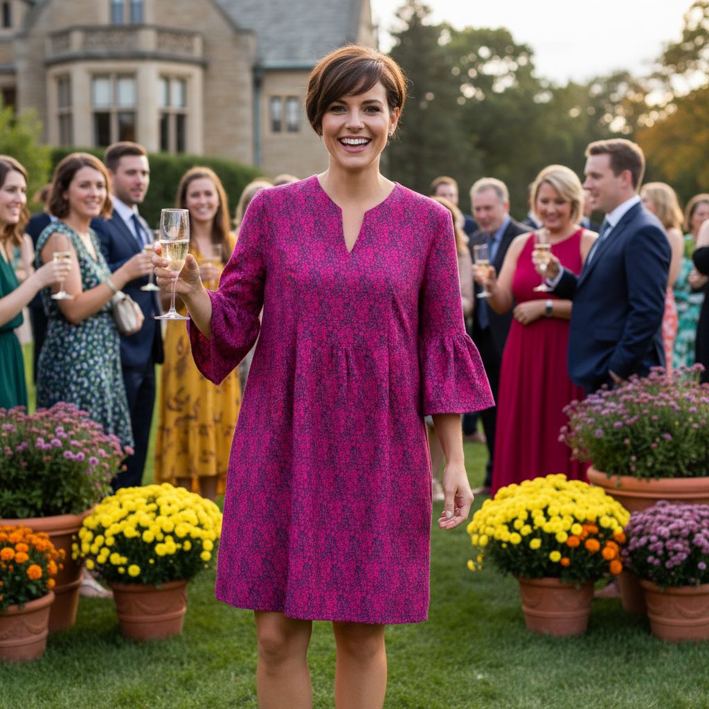Greenwich Tunic Dress in Ditsy Tossed Leaves Navy and Cranberry