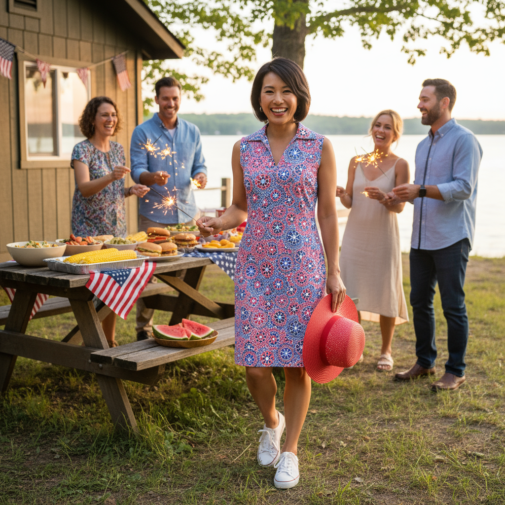 Woman in a floral dress holding a red hat at a picnic with friends by a lake.