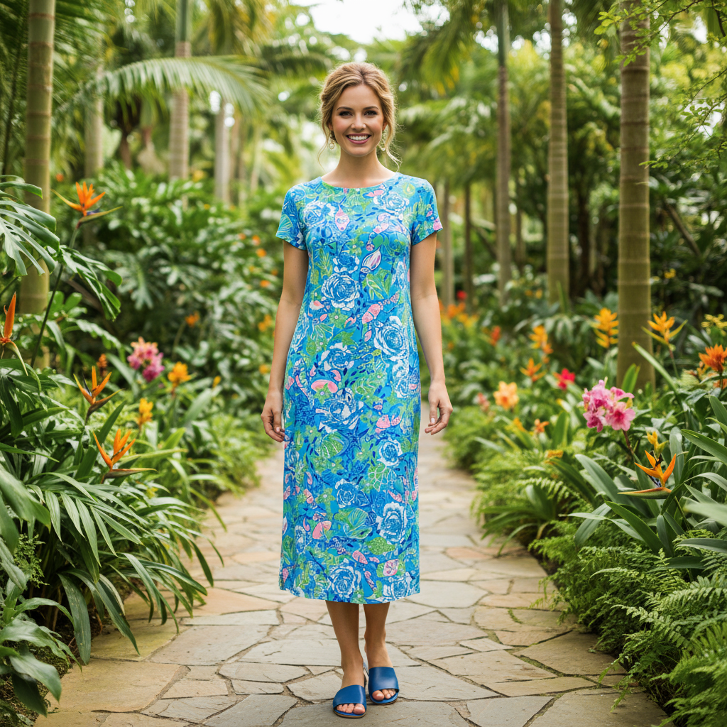 Mackinac Island Midi Length Tee Shirt Dress in Under The Sea Blue/Coral