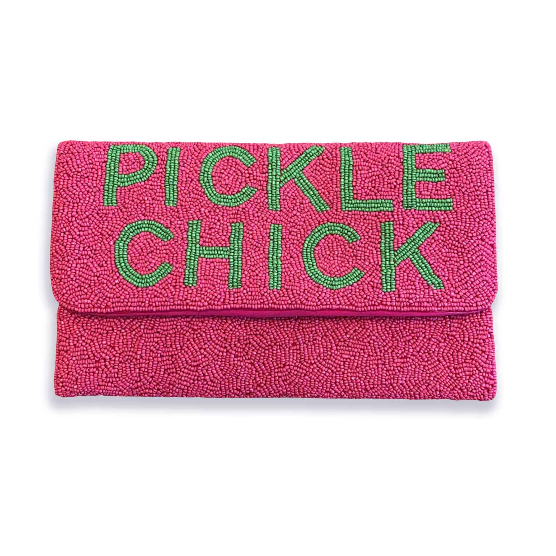 Seed Bead Clutch Bag Pickle Chick Motif in Pink and Green