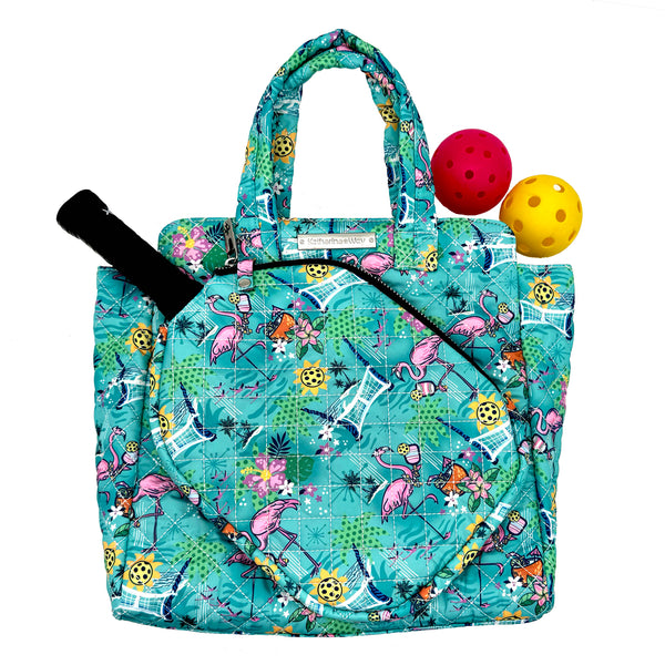 Quilted Pickleball Tote in Pickleball Paradise Aqua Tides