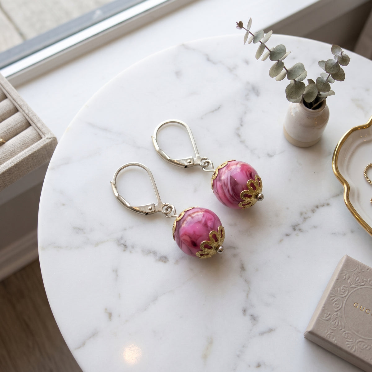 Pink Turquoise Shell Leverback Earrings