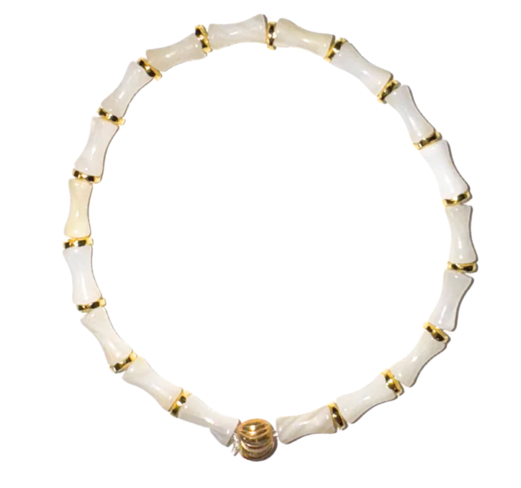Dainty Bone White Acrylic Bamboo Bracelet with Gold Accents