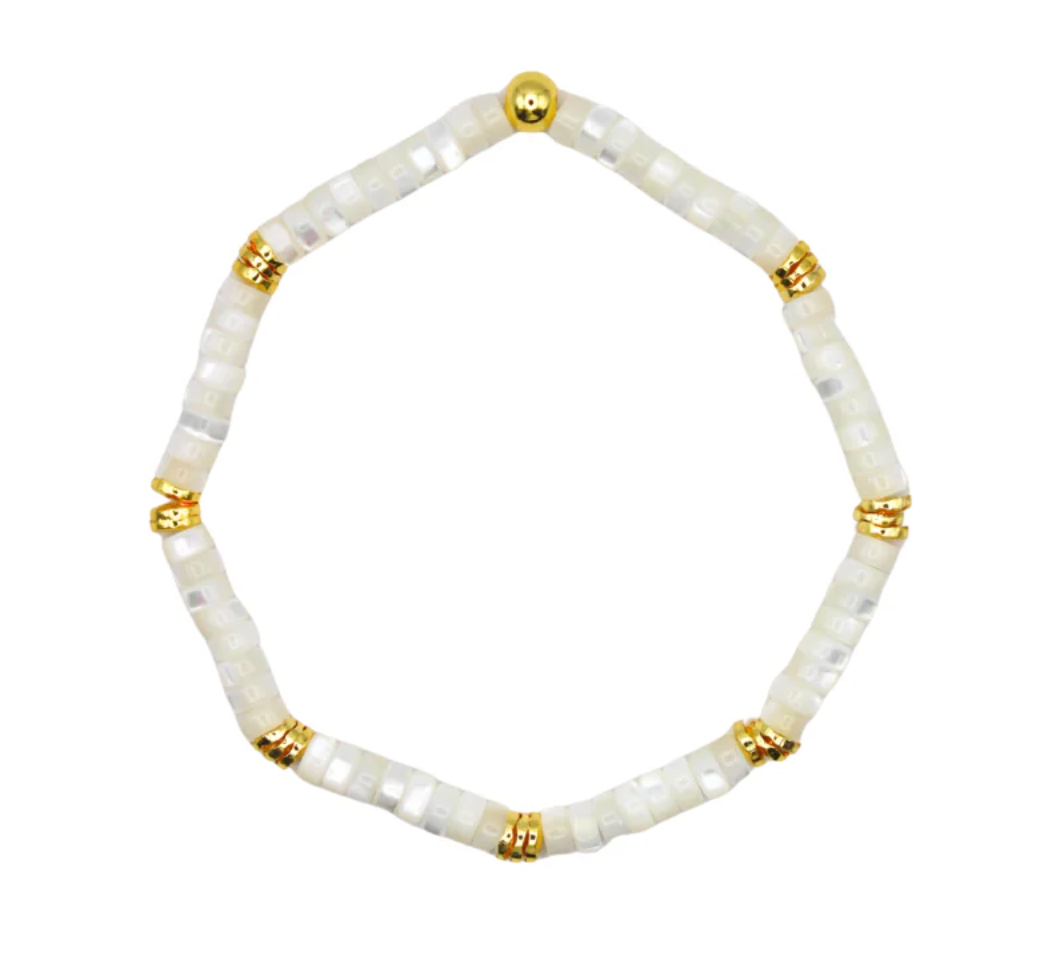 Dainty White Mother of Pearl Flat Pebble Bracelet with 18K Gold Accents