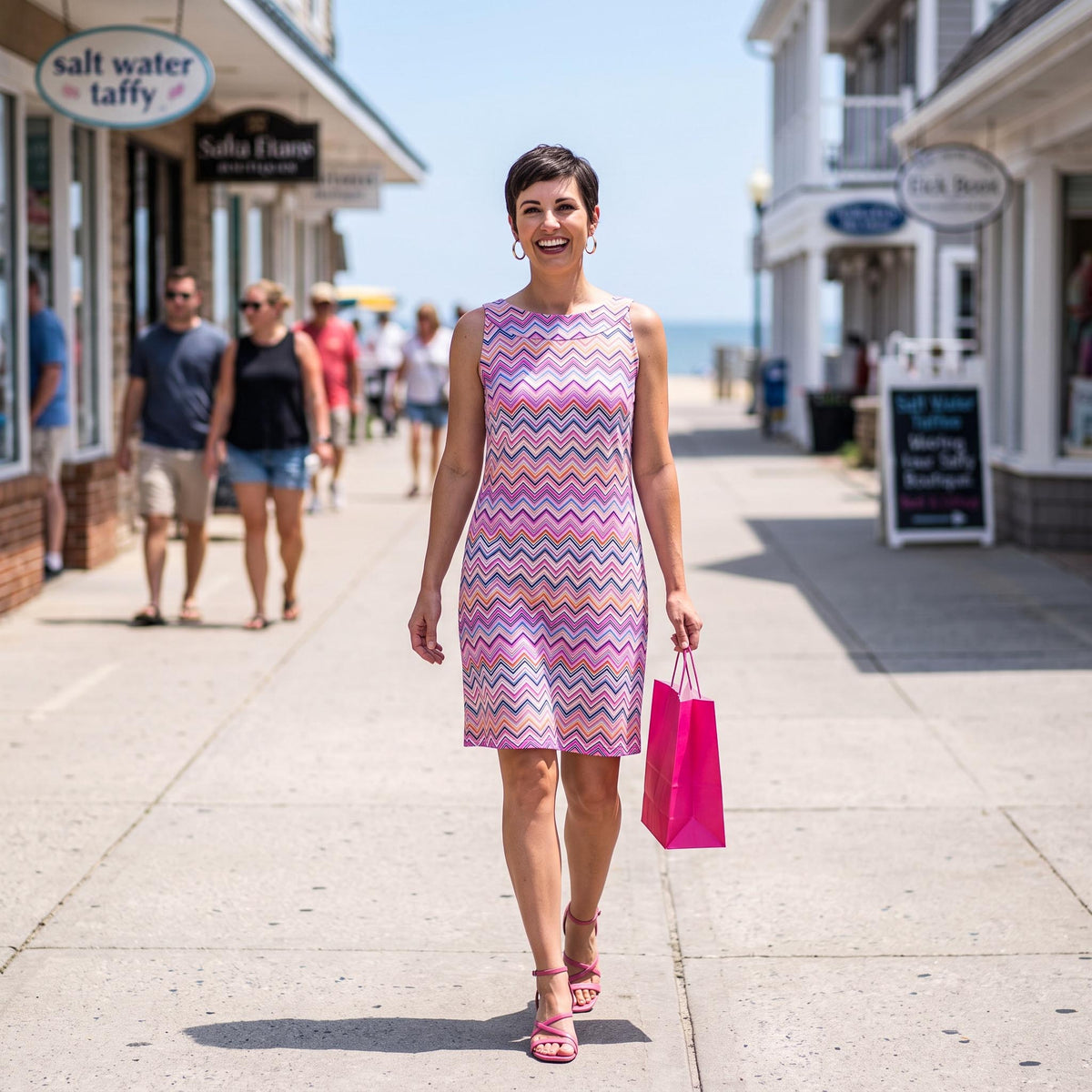 Seaside Boat Neck Dress in Zig Zag Navy Pink White