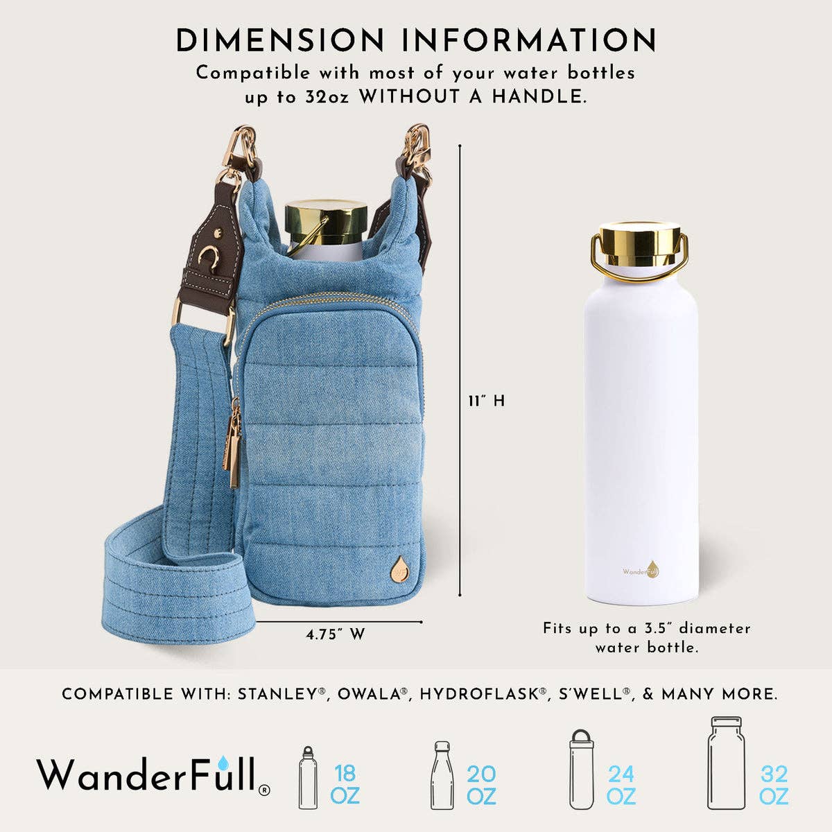 Light Denim HydroBag® with Gold Hardware and Denim overlaid Vegan Leather Strap