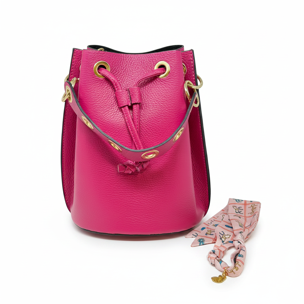 Genuine Italian Leather Bucket Bag in Fuchsia
