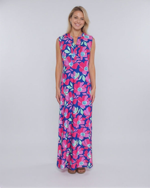 Worth Avenue Maxi Tunic Dress in Sugar Magnolia Cobalt
