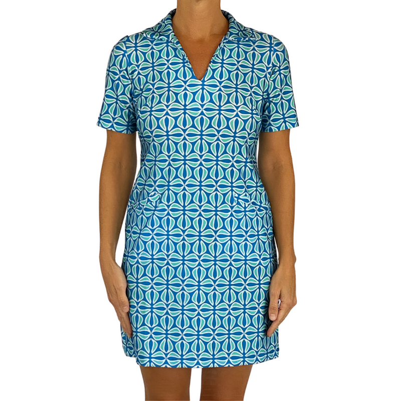Katherine Way Beaufort Dress in Pressed Flowers Royal and Aqua Tides Print Front View