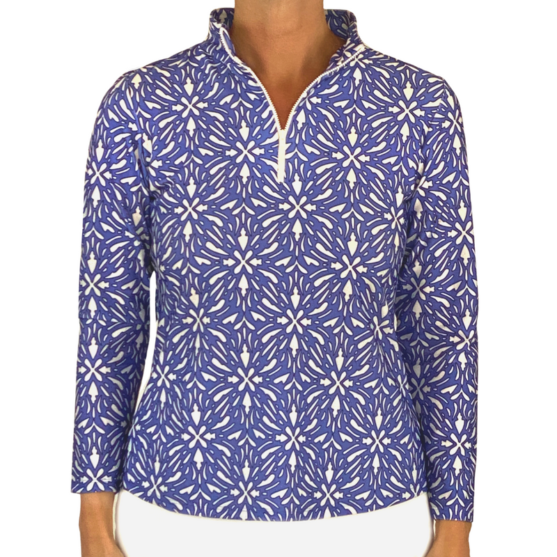 Katherine Way Ana Maria Pullover in Geo Tile Periwinkle and White with White Resin Zipper. Made in the USA. 