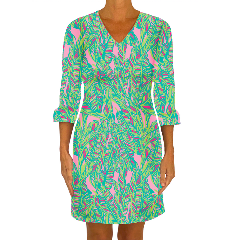 Malibu Dress in Abstract Leaves Pink and Lime FINAL SALE